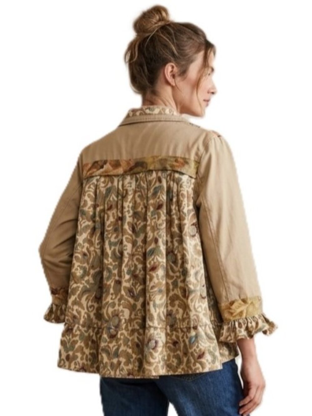 Upcycled Plus Sz XL (1X-2X) Boho Statement Jacket Tan Khaki Cotton Ruffles